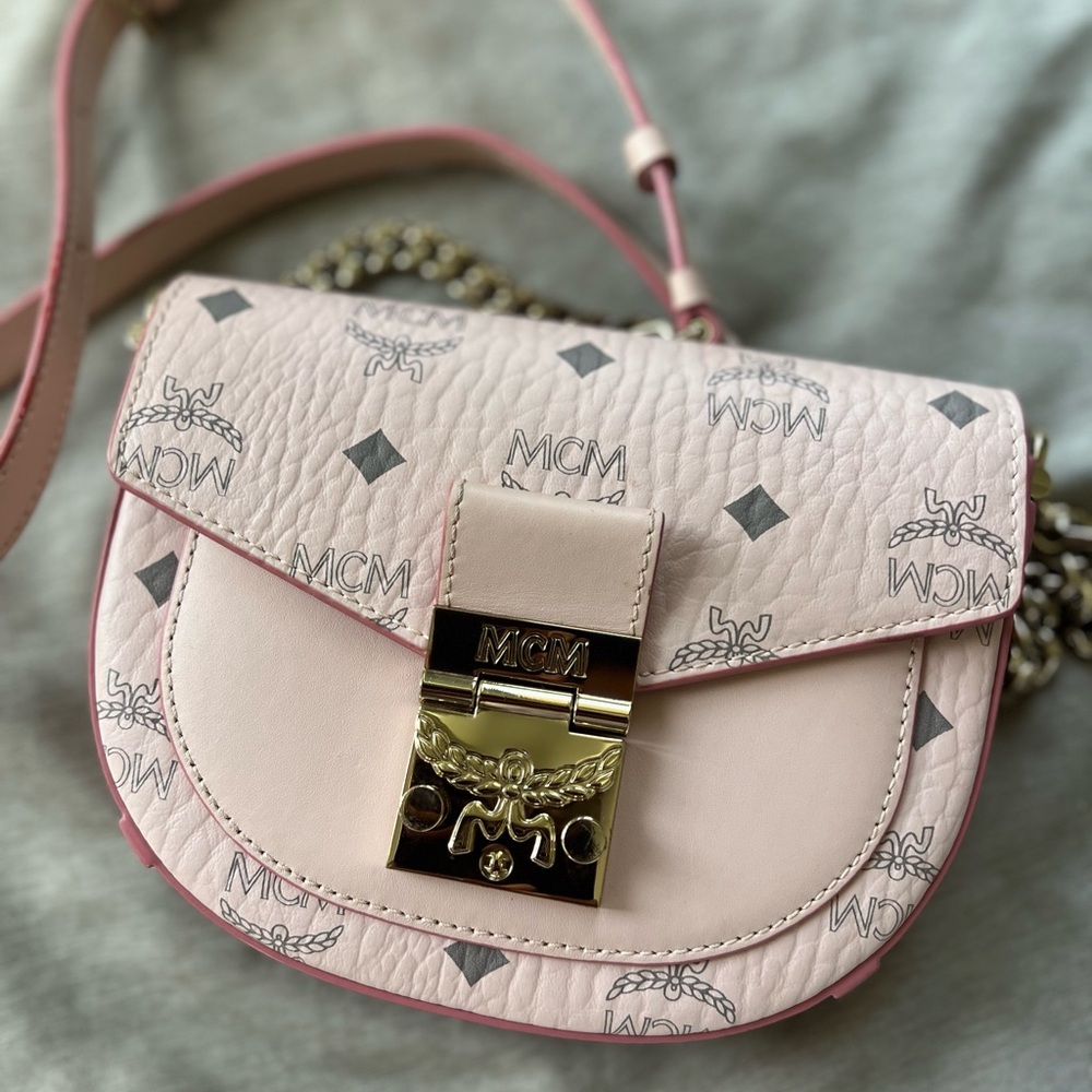 MCM Pink Crossbody Bag with Gold Hardware and Saddle Shape